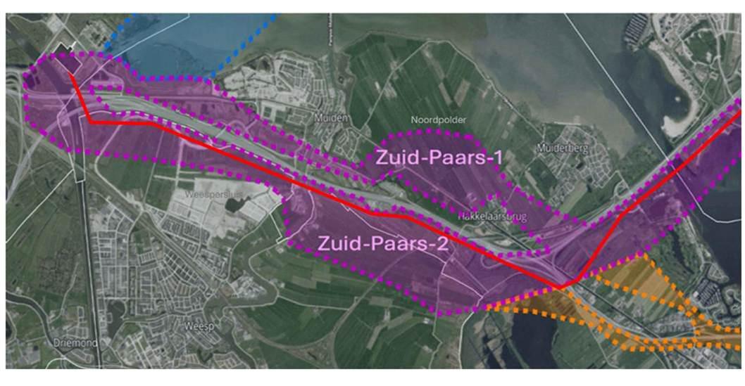 Overzichtskaart tracévarianten Zuid-Paars 1 (ten noorden van de A1, door de Noordpolder) en Zuid-Paars 2 (ten zuiden van de A1) bij Muiderberg